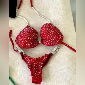 Bodybuilding competition bikini red velvet custom made suit